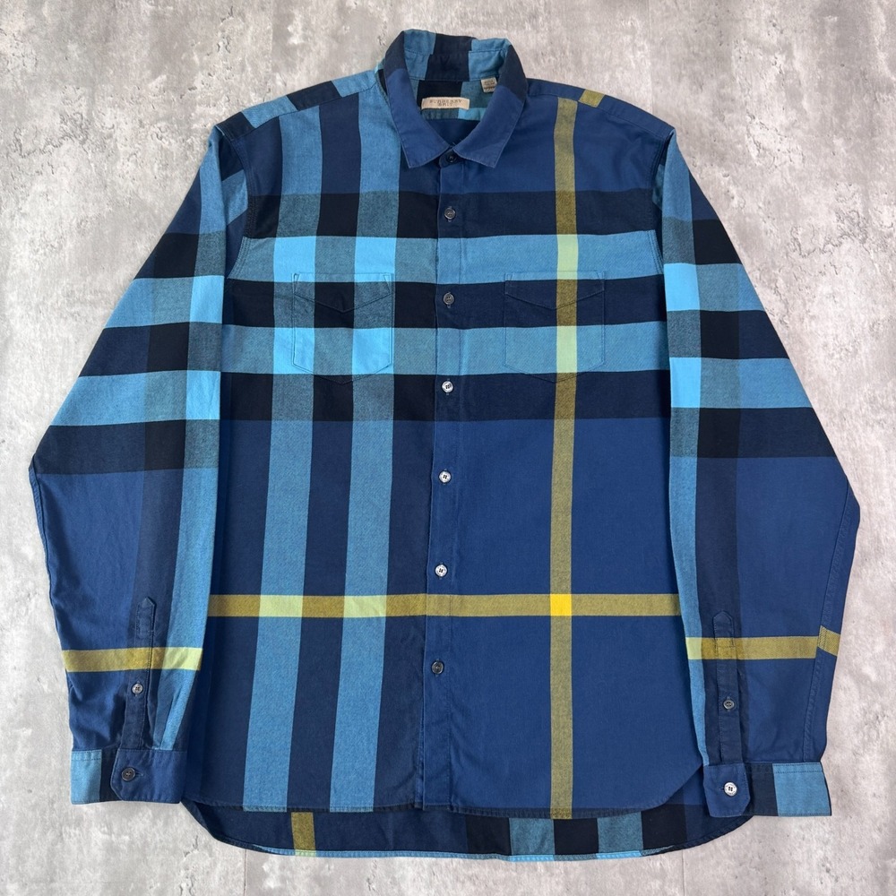 Burberry Brit Flannel Shirt Mens XL Blue Yellow Mega Check Cotton Long Sleeve